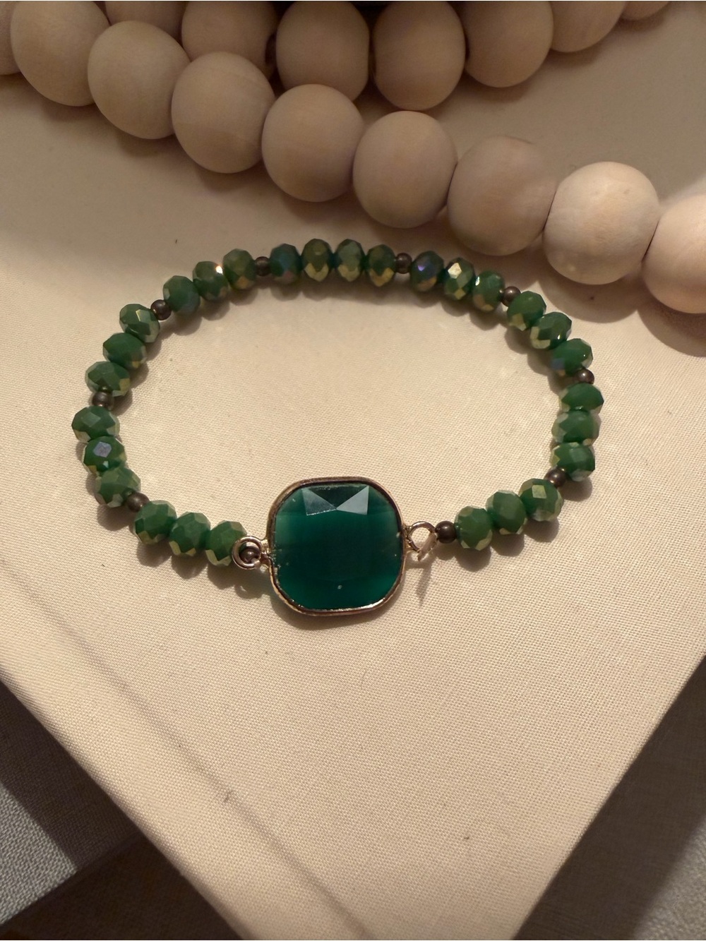 Green Beaded Stretch Bracelet w/ Emerald Green Stone